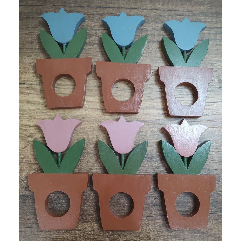 Set of 6 Wooden Tulip Napkin Rings Country Blue Mauve Easter Spring Table Decor